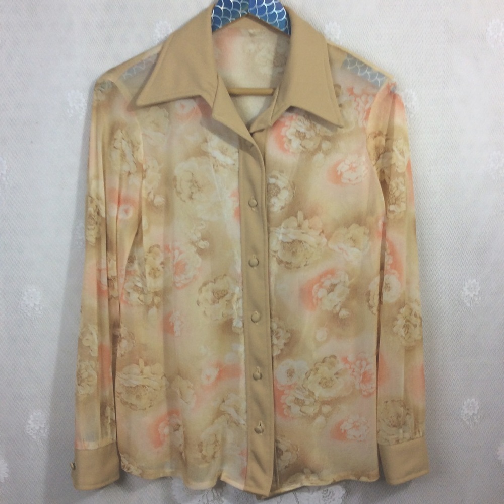 Vintage Semi Sheer Tan Pink Floral Button Up Top L